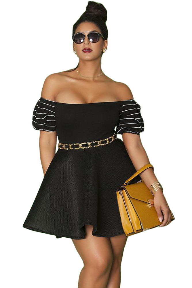 Black skater dress-plus size dress-striped sleeves-off shoulder dress-skater dress-spring-summer