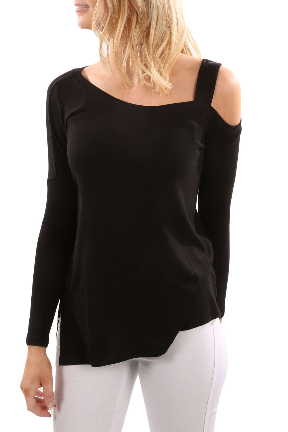 black-one shoulder top-open shoulder top-cold shoulder-long sleeve-knit top