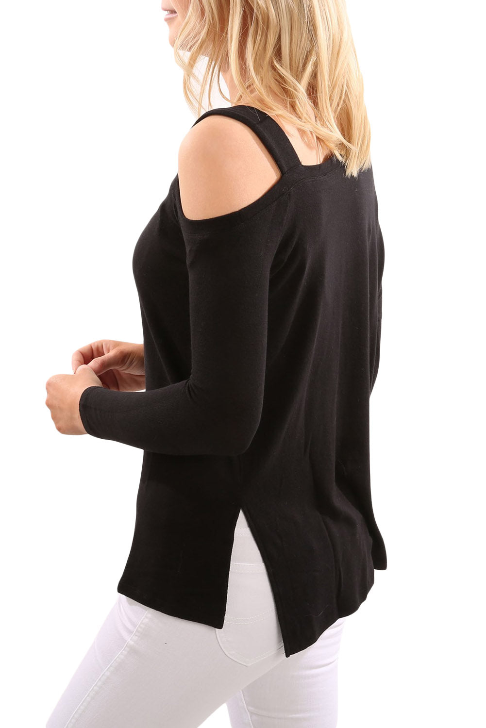 black-one shoulder top-open shoulder top-cold shoulder-long sleeve-knit top