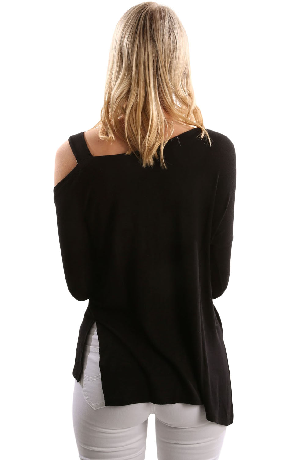 black-one shoulder top-open shoulder top-cold shoulder-long sleeve-knit top