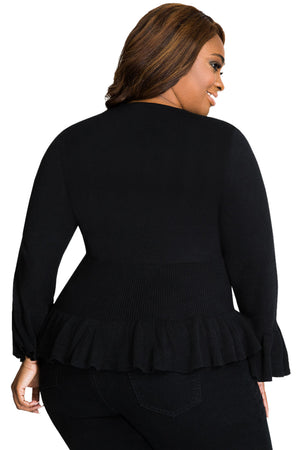 black plus size cardigan-button up cardigan-sweater-ruffle hemmed-waist length-spring-summer-fall-winter