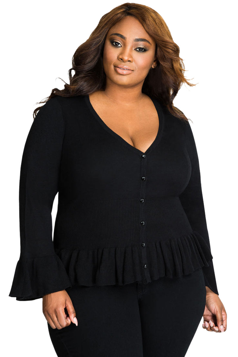 black plus size cardigan-button up cardigan-sweater-ruffle hemmed-waist length-spring-summer-fall-winter