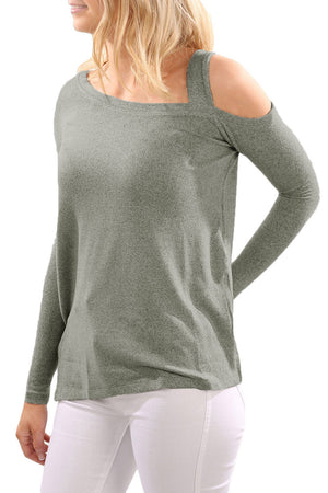 gray-one shoulder top-open shoulder top-cold shoulder-long sleeve-knit top