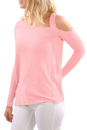 pink-one shoulder top-open shoulder top-cold shoulder-long sleeve-knit top