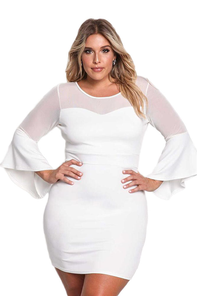 plus size-bodycon dress-bell sleeves-fitted-midi dress-above the knee dress-white dress-spring-summer-casual dress-formal dress