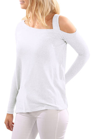 white-one shoulder top-open shoulder top-cold shoulder-long sleeve-knit top